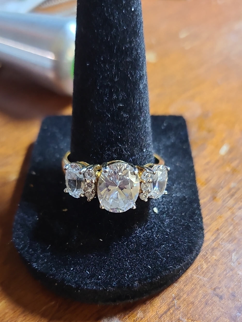 Oval Cut Moissanite Three Stone Ring 14K Yellow Gold Plated Over Sterling Silver